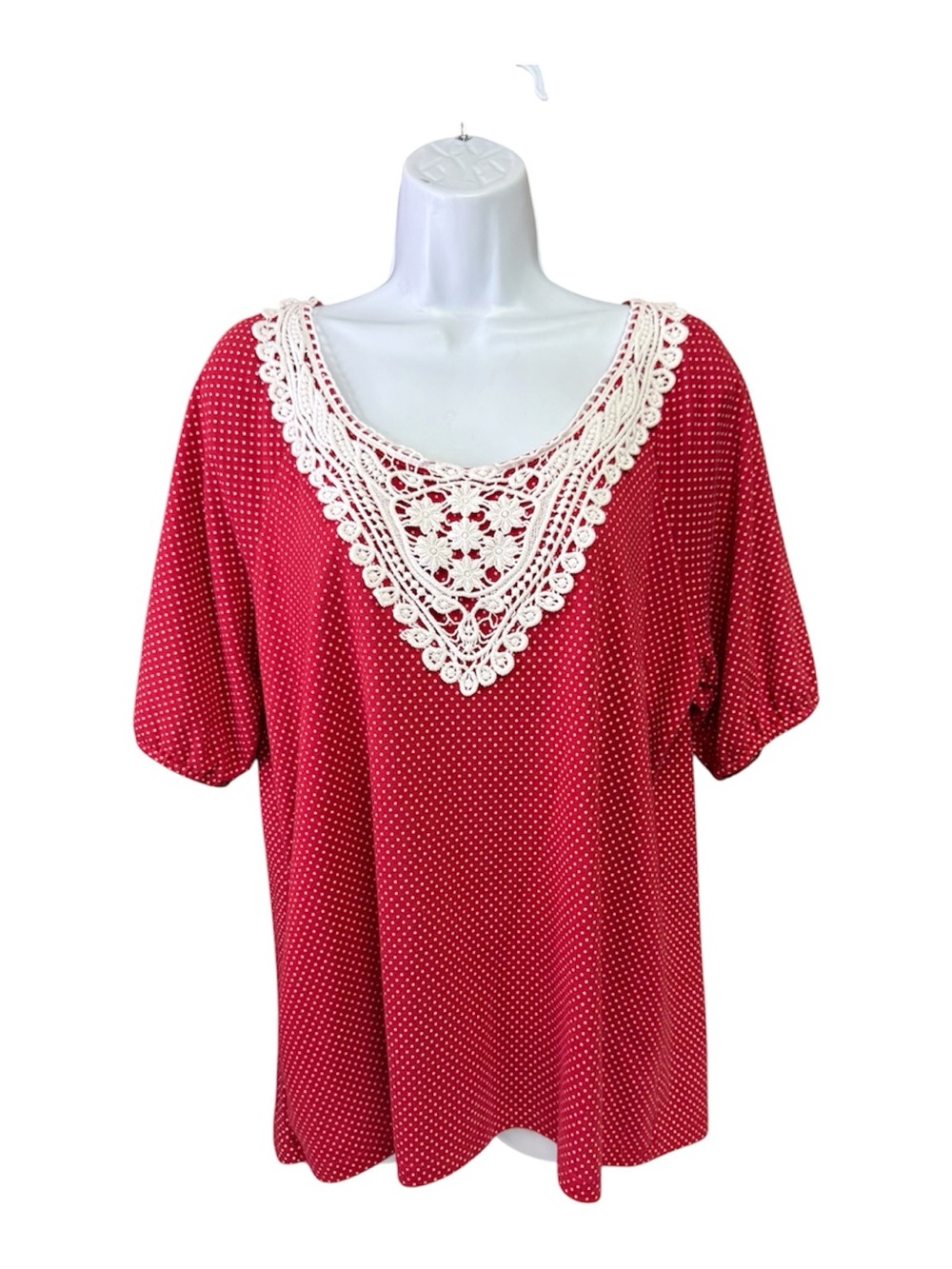 Rebecca Malone Red Polka Dot too with white Crochet V-Neckline size XL